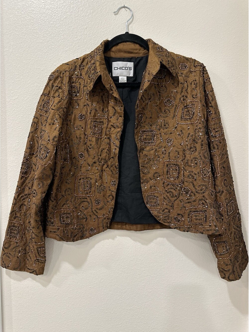 Chicos Beaded Sequin Jacket Brown Silk Blend Embellished Open Front Blazer